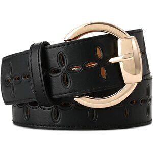Women Leather Wide Fashion Thick Dress Belt With Gold Buckle Belt Hollow Black